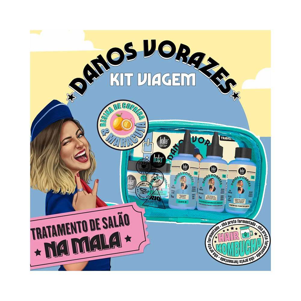 Imagem promocional do Kit Viagem Lola Danos Vorazes com mulher sorridente e nécessaire azul